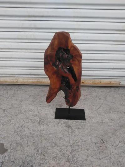 Natural Abstract Burl wood Sculpture on Metal Stand