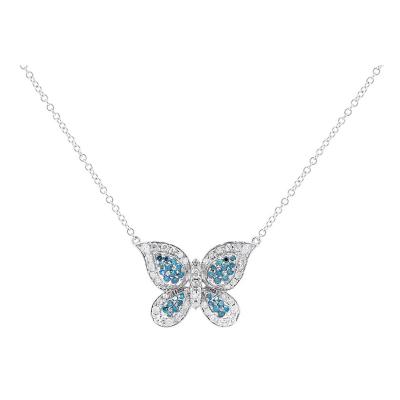 Natural Blue and White Diamond Cluster Butterfly Charm Floating Pendant Necklace