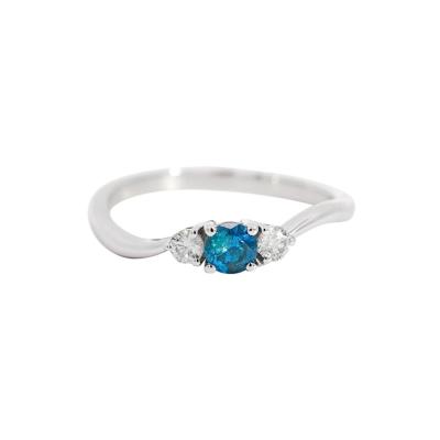 Natural Blue and White Diamond Curved Mini Three Stone Ring in 14K White Gold