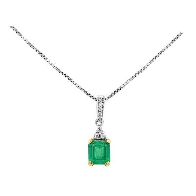 Natural Colombian Emerald and 3 Round Diamonds On Top Pendant Necklace