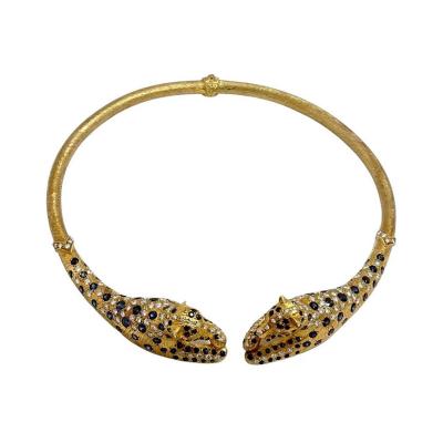 Natural Diamond and Sapphire 18K gold leopard choker Necklace