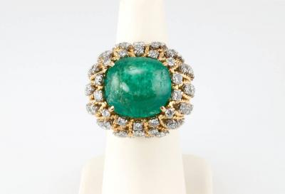 Natural Emerald Cabochon Diamond and Gold Cocktail Ring