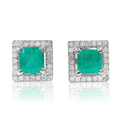 Natural Emerald Stud Earrings with diamond halo in 18k Solid Gold