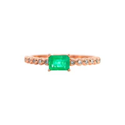Natural Emerald and Diamond Ribbed Shank Thin Stacking Ring in 18K Rose Gold