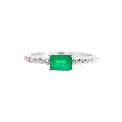 Natural Emerald and Diamond Ribbed Thin Stacking Ring in 18K White Gold