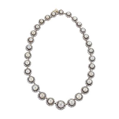 Natural Saltwater Button Pearl and Diamond Necklace