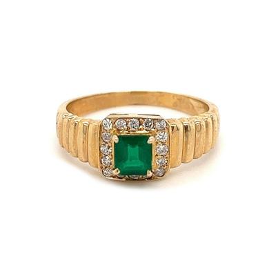 Natural Square Cut Emerald and Round Diamond Halo in 14k Ribbed Gold Ring