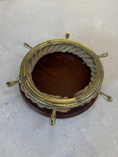 Nautical Ship Wheel Brass and Rope Catchall 1970s