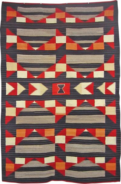 Navajo Dine Transitional blanket with moki and traditional designs