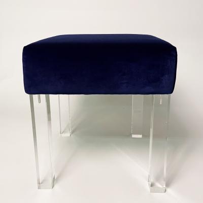 Navy Velvet Low Stools with Lucite Legs Pair