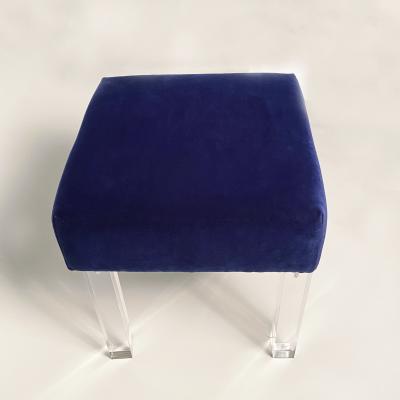 Navy Velvet Low Stools with Lucite Legs Pair