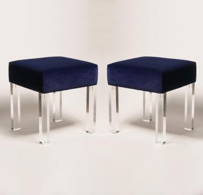 Navy Velvet Low Stools with Lucite Legs Pair