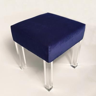 Navy Velvet Low Stools with Lucite Legs Pair