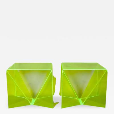 Neal Small Pair Neal Small Clear Chartruese Lucite Op Art Origami Occasional Tables