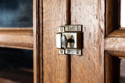 Near Pair Arched Oak Glazed Apothecary Cabinets