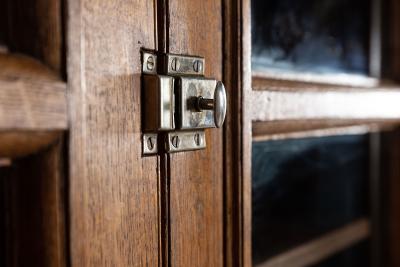 Near Pair Arched Oak Glazed Apothecary Cabinets