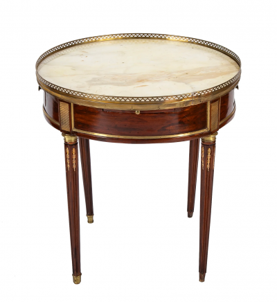 Near Pair of French Louis XVI Marble Top Bouillotte Tables