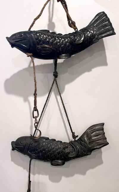 Near Pair of Japanese Jizai Kagi Wood Koi Folk Art Sculptures
