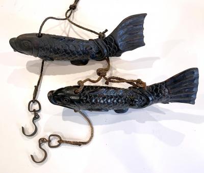 Near Pair of Japanese Jizai Kagi Wood Koi Folk Art Sculptures