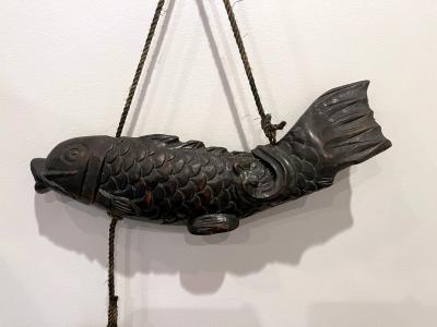 Near Pair of Japanese Jizai Kagi Wood Koi Folk Art Sculptures