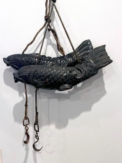 Near Pair of Japanese Jizai Kagi Wood Koi Folk Art Sculptures