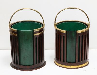 Near pair of brass bound plate buckets 