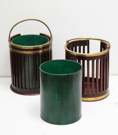 Near pair of brass bound plate buckets 