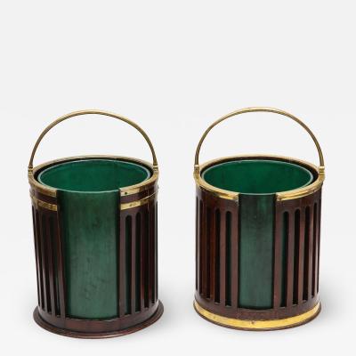 Near pair of brass bound plate buckets 