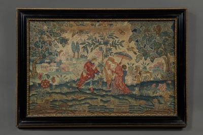 Needlework Picture representing the Old Testament story of Rebecca and Eliezer
