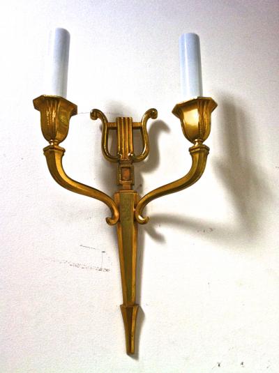 Neo Classic Pair of 40s French Gold Bronze Sconces