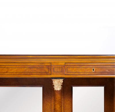 Neo Classical Style Burl Walnut Mirrored Back Console Table Credenzas