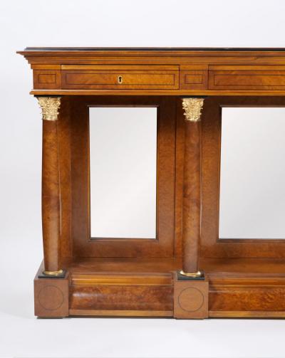 Neo Classical Style Burl Walnut Mirrored Back Console Table Credenzas