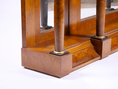 Neo Classical Style Burl Walnut Mirrored Back Console Table Credenzas