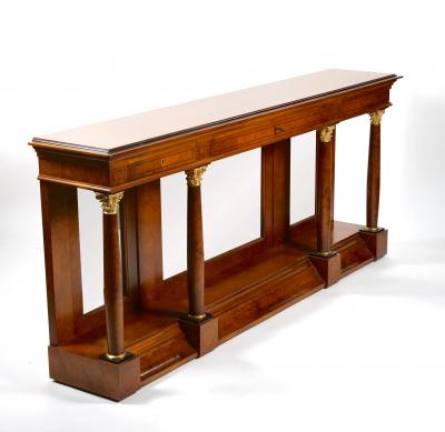 Neo Classical Style Burl Walnut Mirrored Back Console Table Credenzas