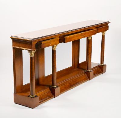 Neo Classical Style Burl Walnut Mirrored Back Console Table Credenzas