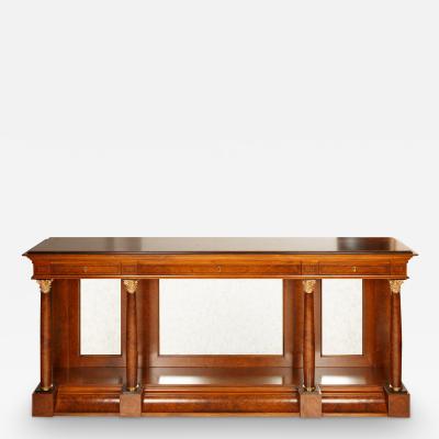 Neo Classical Style Burl Walnut Mirrored Back Console Table Credenzas