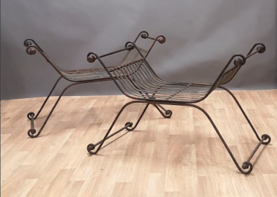 Neo classical athenian inspired pair of long wrought iron long pair of benches