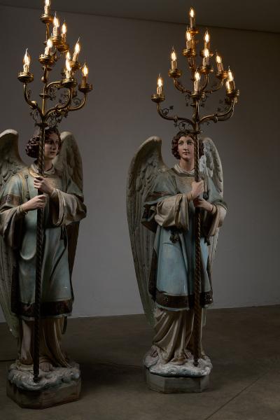 Neoclassical Angel Floor Lamps with Gothic Revival Chandeliers 19th Century