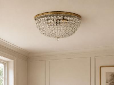 Neoclassical Basket Flush Mount Ceiling Light Bronze Crystal France 20th c 