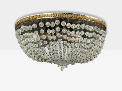 Neoclassical Basket Flush Mount Ceiling Light Bronze Crystal France 20th c 