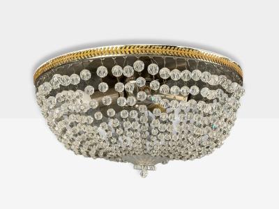 Neoclassical Basket Flush Mount Ceiling Light Bronze Crystal France 20th c 