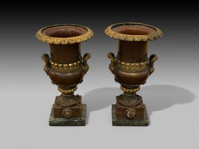 Neoclassical Bronze Marble Table Top Urns France 1920s