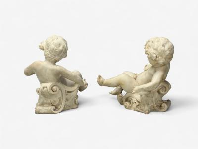 Neoclassical Faux Marble Seated Angel Busts on Sleighs Italy 1960s
