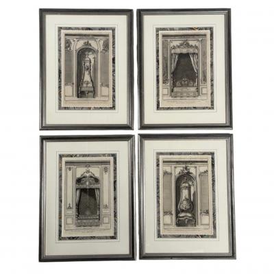 Neoclassical Four Framed Architectural Drawings of French Interiors 20th c 