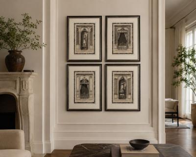 Neoclassical Four Framed Architectural Drawings of French Interiors 20th c 