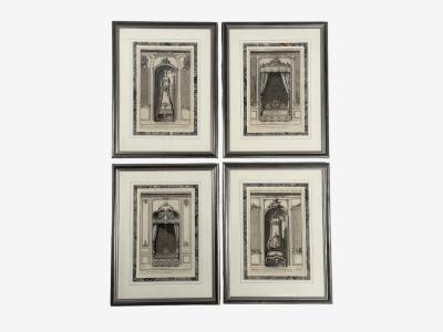 Neoclassical Four Framed Architectural Drawings of French Interiors 20th c 