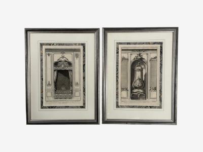 Neoclassical Four Framed Architectural Drawings of French Interiors 20th c 