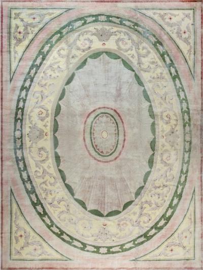 Neoclassical Large Vintage Savonnerie Green Hand Knotted Wool Carpet