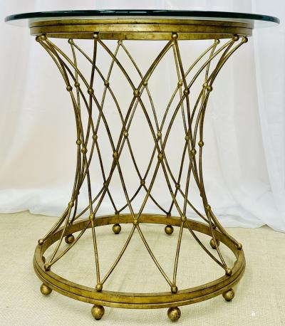 Neoclassical Maison Jansen Style Round Gilt Metal Coffee Table Side Table