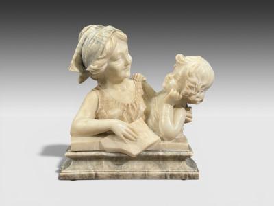 Neoclassical Marble Statue Mother and Daughter France 1910s